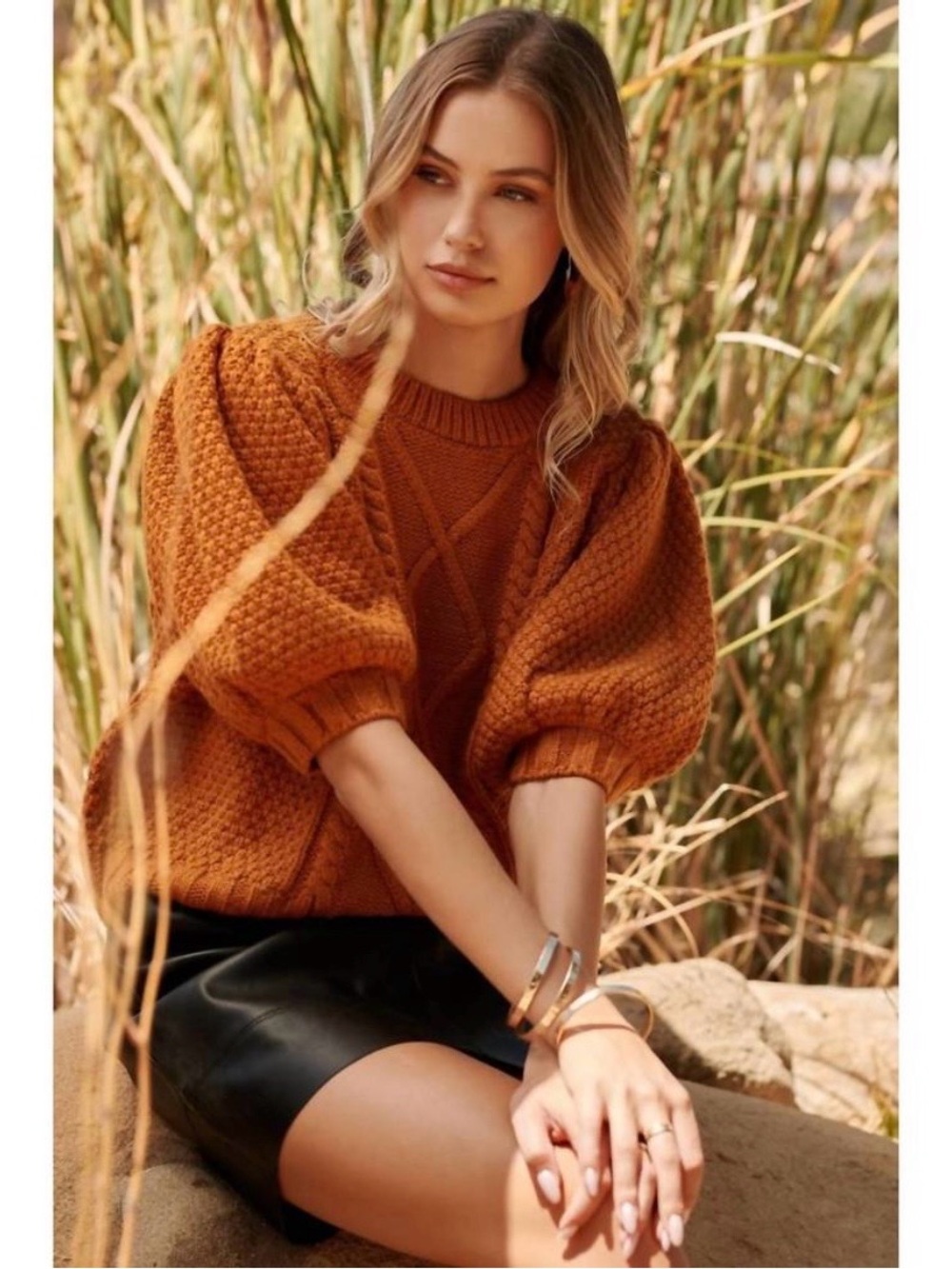 Sugarlips Wish You Well Puff-Sleeve Knit Sweater Top in Rust Orange Size S